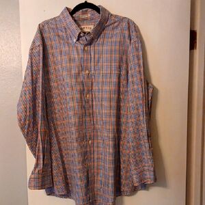 Orvis Men's Blue and Orange Plaid Shirt Size xxl